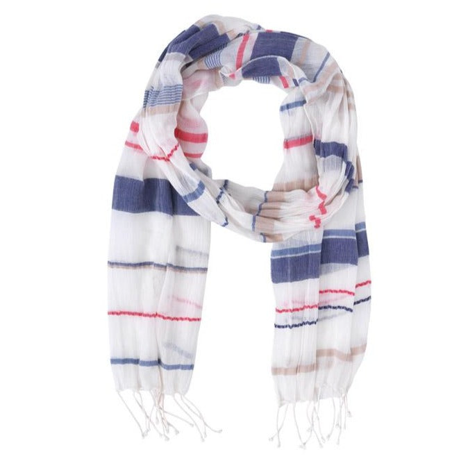 Helen, Scarf, Navy and Red stripes on Beige White 
