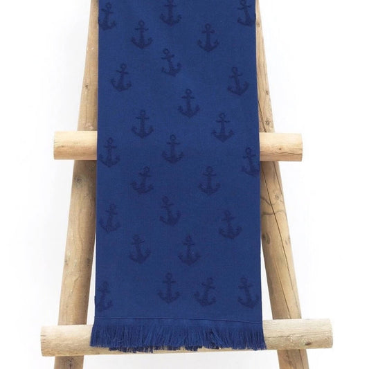 navy Turkish Towel with anchor design one side terry with fringes