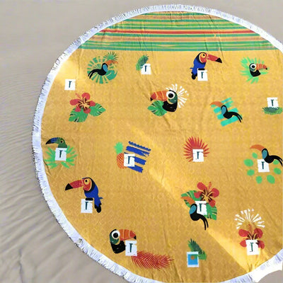 Luxurious Round Towel with Toucan Tropical  Design. For the Beach Pool and Bath Play Toronto Canada.