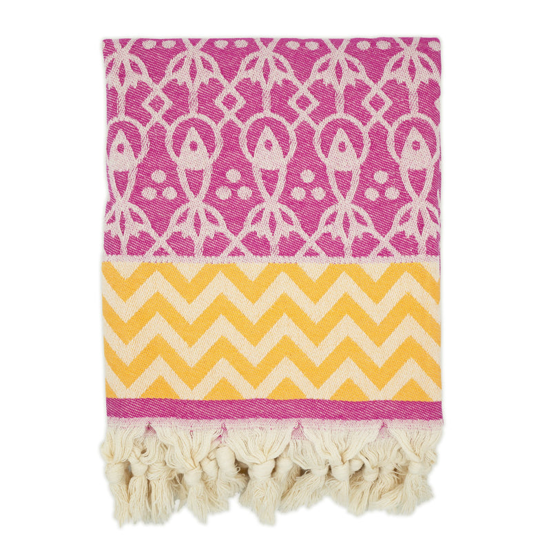 turkish towel pink fish and yellow zigzag pattern with tassels knots vibrant colours fun design designer fashinable