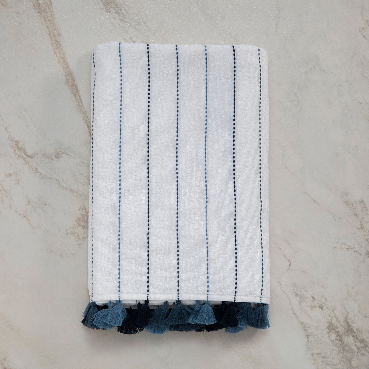 Lina, Terry Towel, Blue Stripes on White, Dark Blue Tassels, ultra soft, very absorbent 
