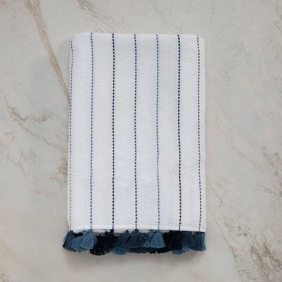 Lina, Terry Towel, Blue Stripes on White, Dark Blue Tassels, ultra soft, very absorbent