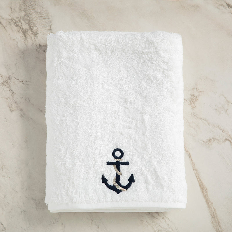 Turkish Terry Towel with Anchor Embroidery, White, for Boat or Bath, ultra soft, very absorbent