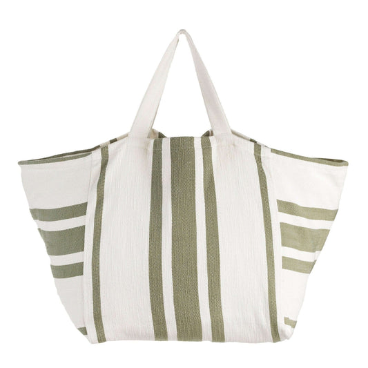 extra large cotton beach bag, green stripes on off white, stripes good for hanging on shoulder or hand carry