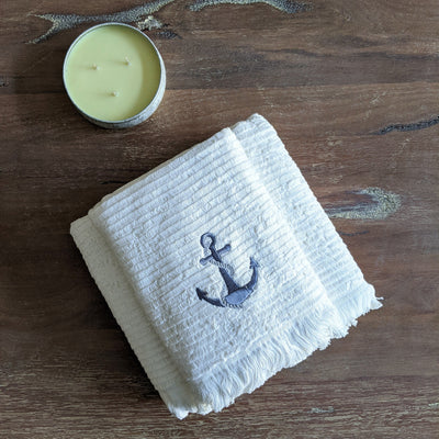 Turkish Bath Towel, Terry Off White with purple Anchor Embroidery