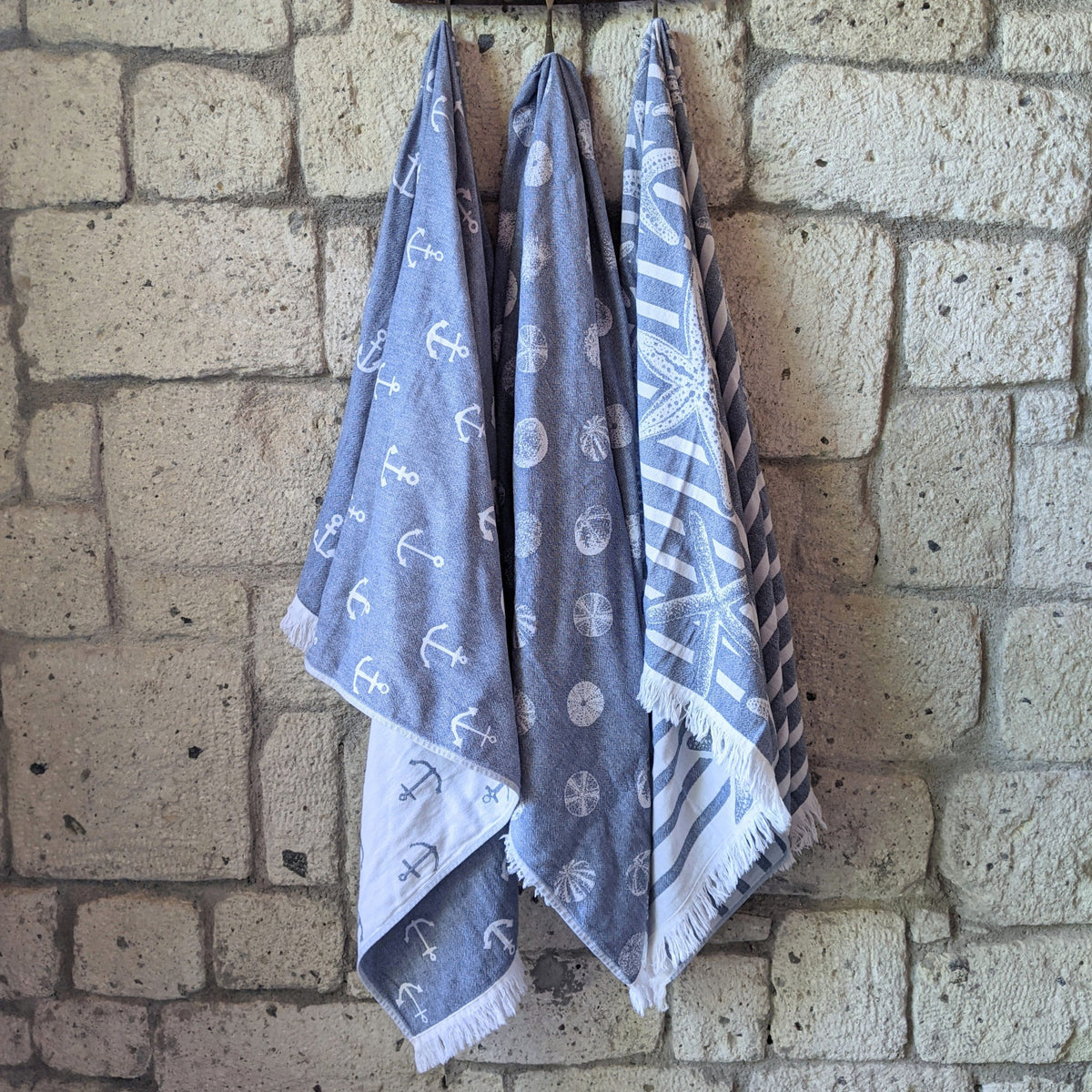 Turkish Towel Set of 3 with marine designs anchor, starfish and sea urchin