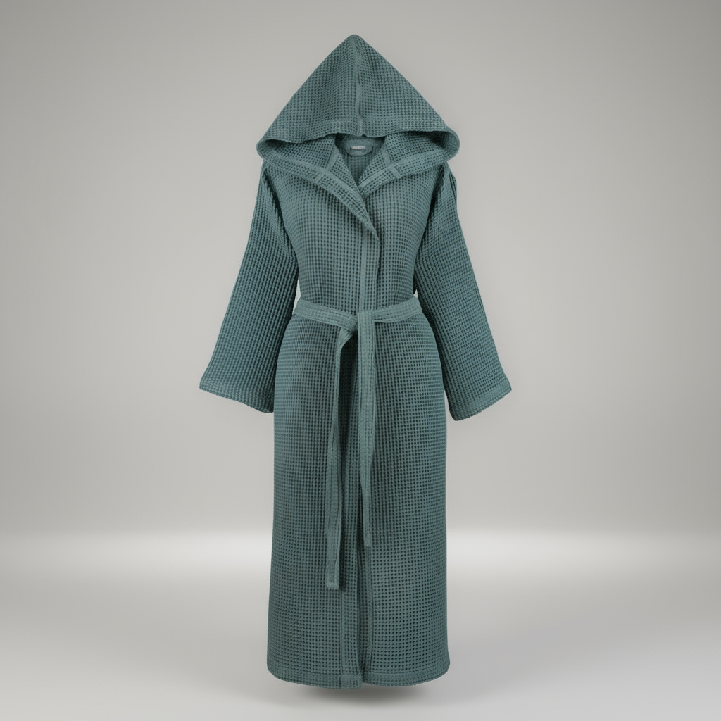 Teal hooded robe with a belt on a white background