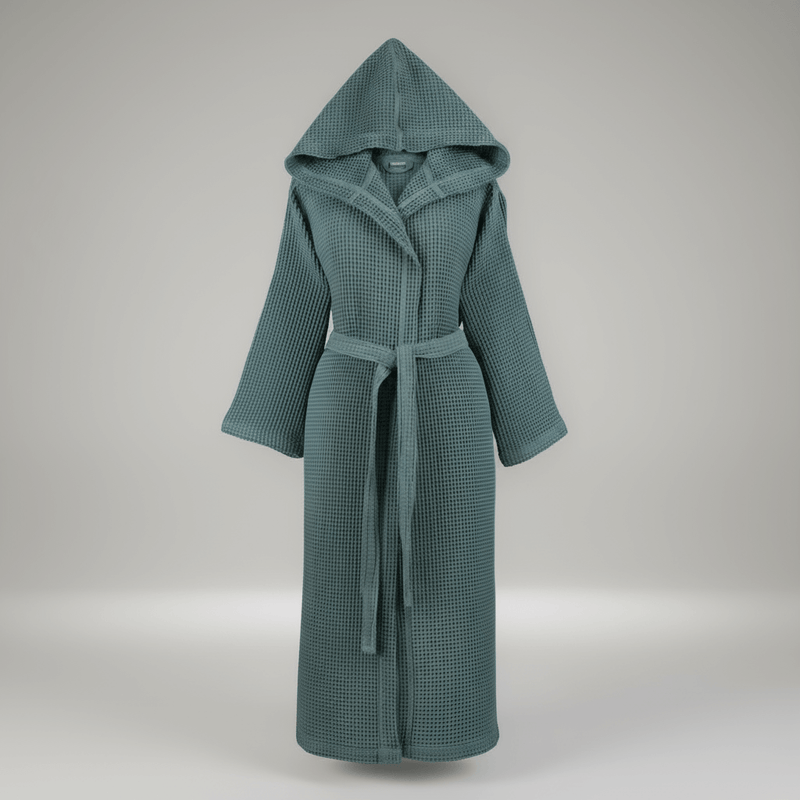 Teal hooded robe with a belt on a white background