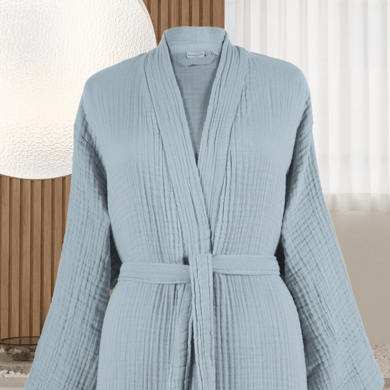 Crinkle Gauze Bathrobe Jasper in soft blue color, featuring a lightweight and breathable design, perfect for home relaxation.
