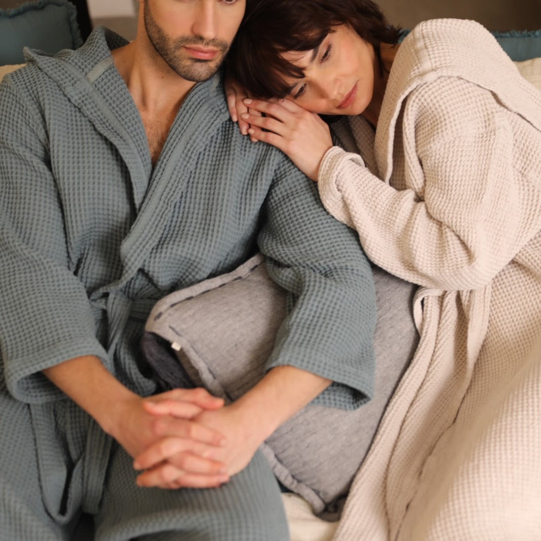unisex waffle weave lento bathrobe worn by a couple each 
