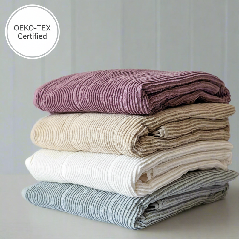 Sardes Ribbed Terry bath towels in pastel colours with OEKO-TEX tag 