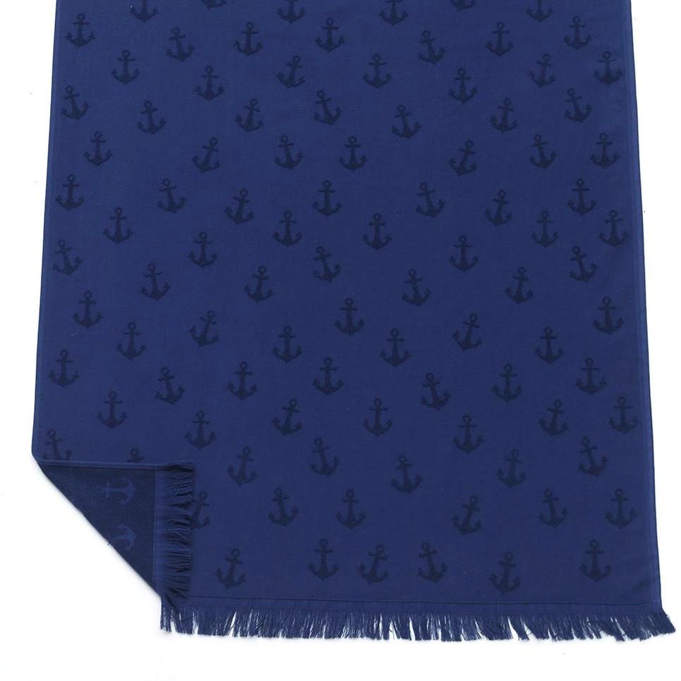 navy Turkish Towel with anchor design one side terry with fringes boat beach 