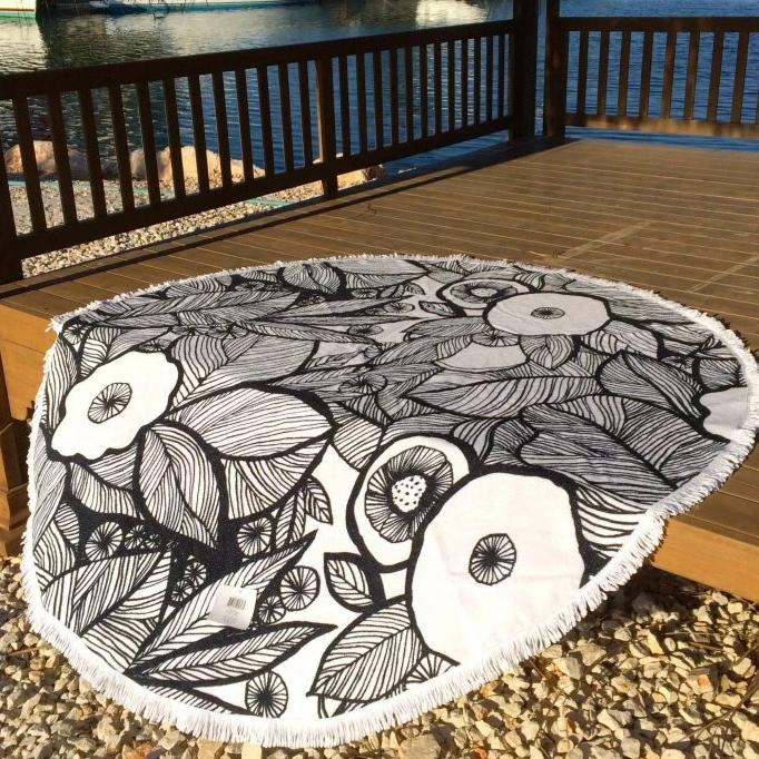 Designer Round Towel, Circle, fringes, beach blanket, Toronto Canada black & White   