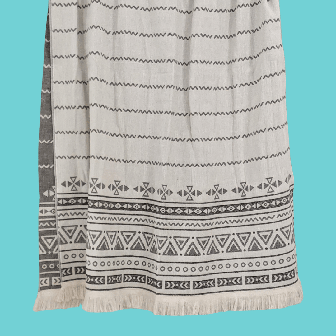 Turkish Towel geometric designs black on neutral cotton, reversible best for travel with fringes 
