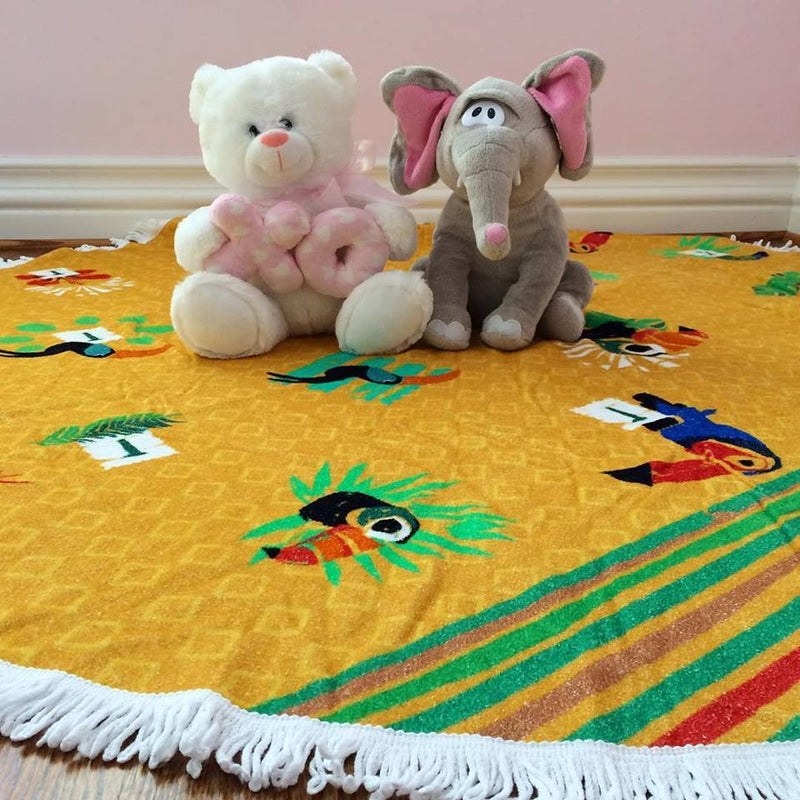 Luxurious Round Towel with Toucan Tropical  Design. For the Beach Pool and Bath Play Toronto Canada.
