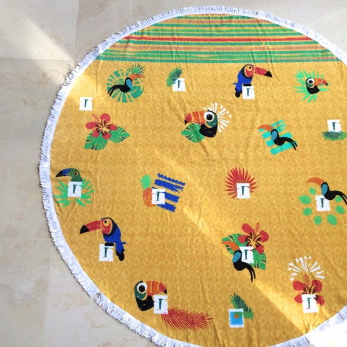 Luxurious Round Towel with Toucan Tropical  Design. For the Beach Pool and Bath Play Toronto Canada.