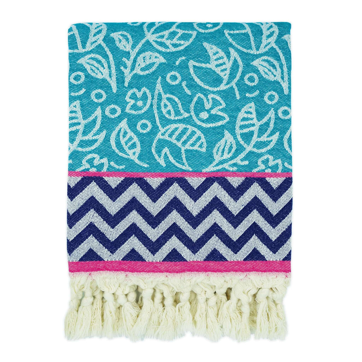 turkish towel tuquoise flower and navy blue zigzag pattern with tassels knots vibrant colours fun design designer fashinable