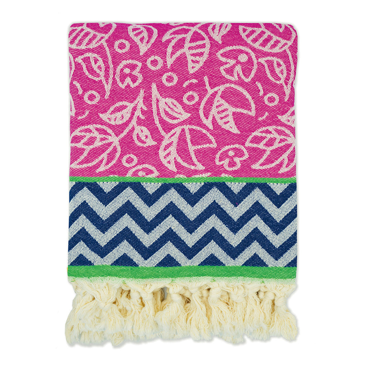 turkish towel fuchsia pink flower and navy blue zigzag pattern with tassels knots vibrant colours fun design designer fashinable