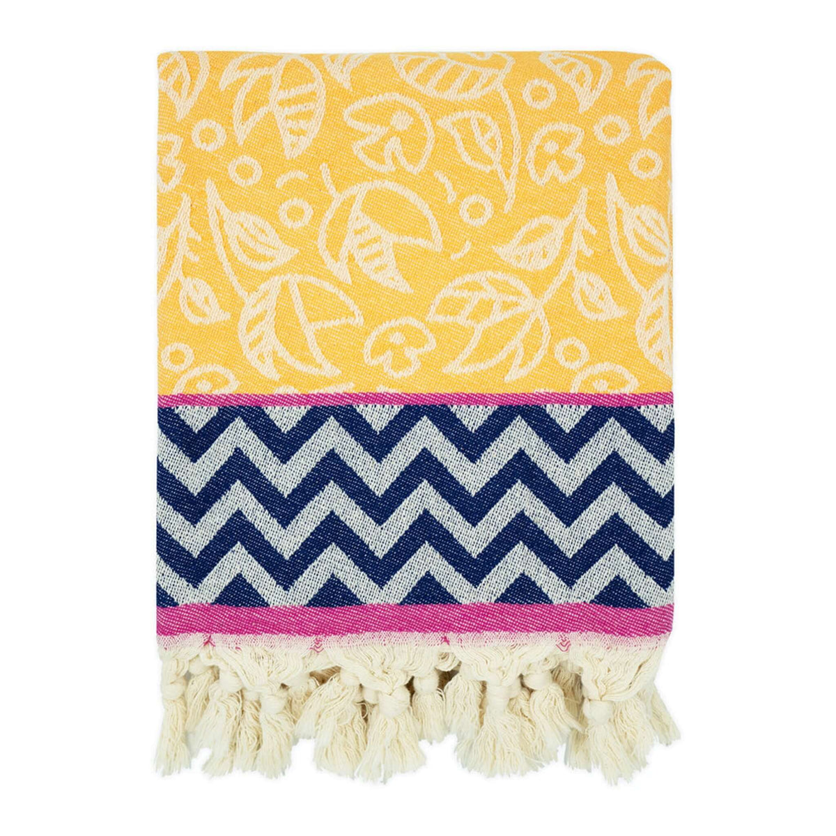 turkish towel yellow flower and blue zigzag pattern with tassels knots vibrant colours fun design designer fashinable
