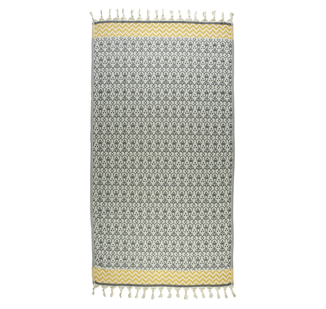 turkish towel grey fish and yellow zigzag pattern with tassels knots vibrant colours fun design designer fashinable