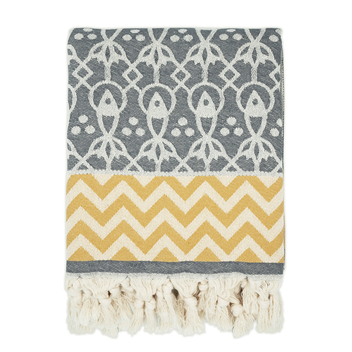 turkish towel grey fish and yellow zigzag pattern with tassels knots vibrant colours fun design designer fashinable