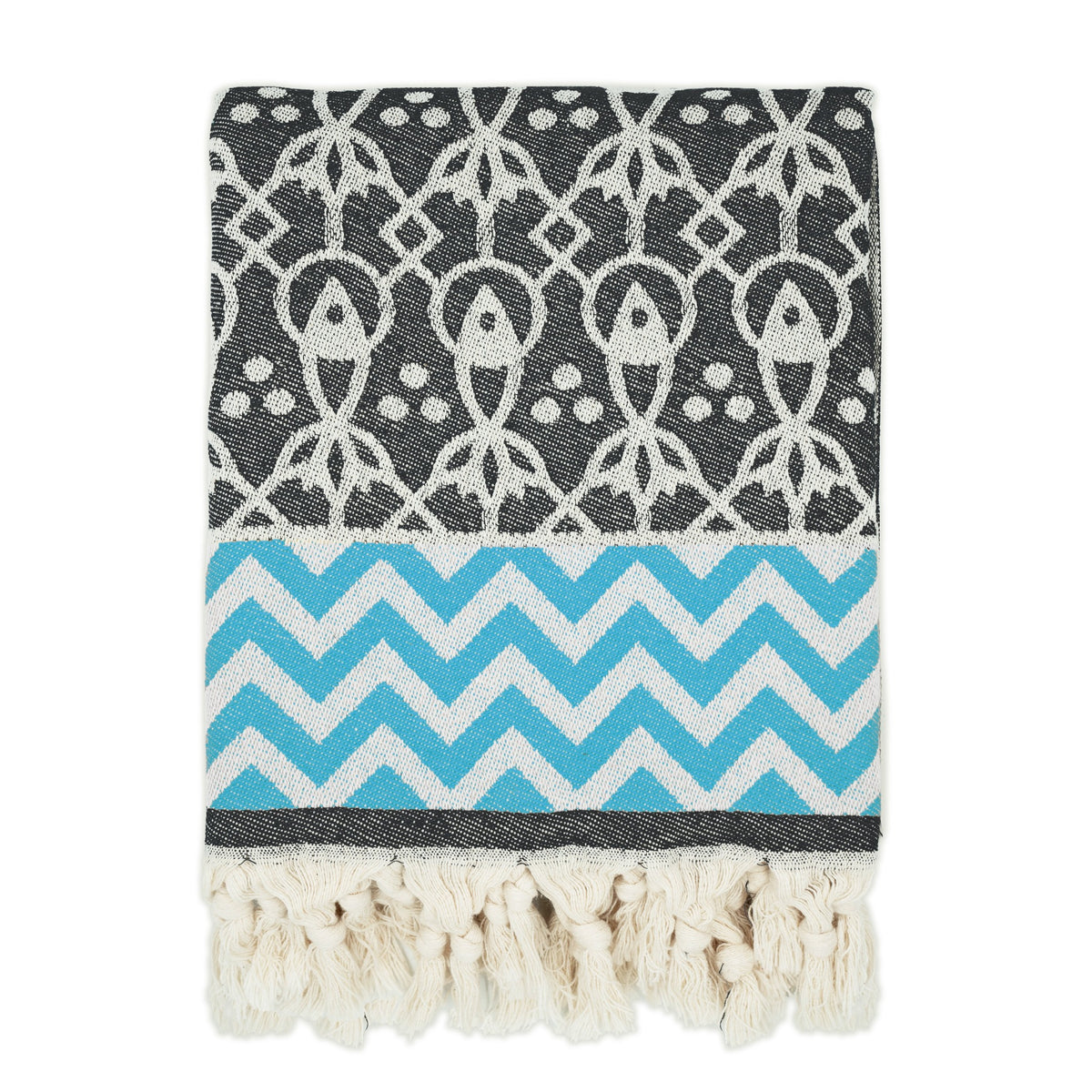 turkish towel black fish and blue zigzag pattern with tassels knots vibrant colours fun design designer fashinable