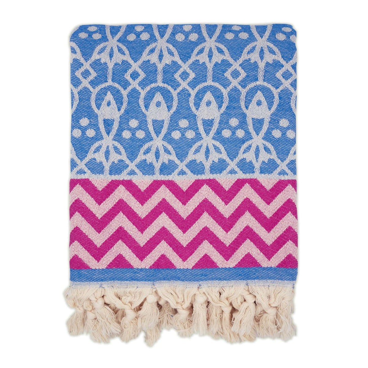 turkish towel blue fish and pink zigzag pattern with tassels knots vibrant colours fun design designer fashinable