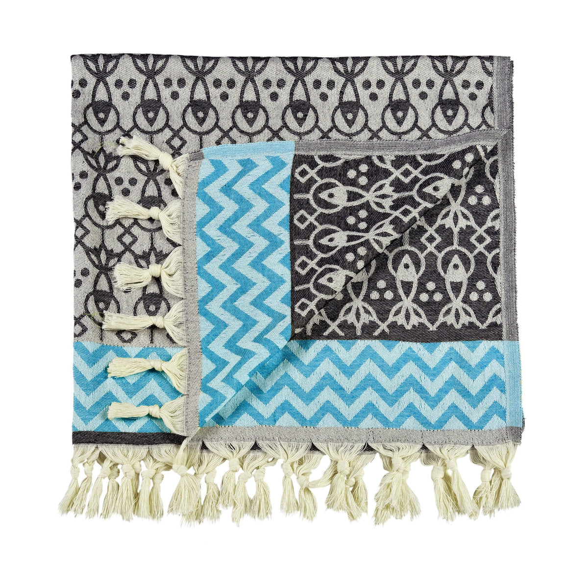 turkish towel black fish and blue zigzag pattern with tassels knots vibrant colours fun design designer fashinable