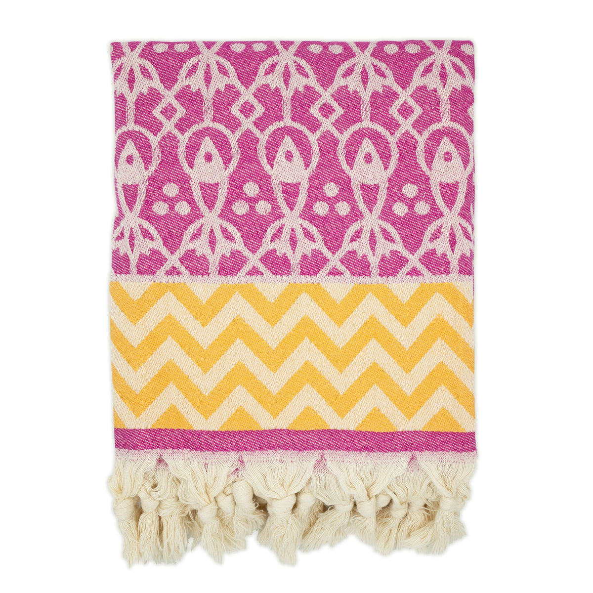 turkish towel pink fish and yellow zigzag pattern with tassels knots vibrant colours fun design designer fashinable