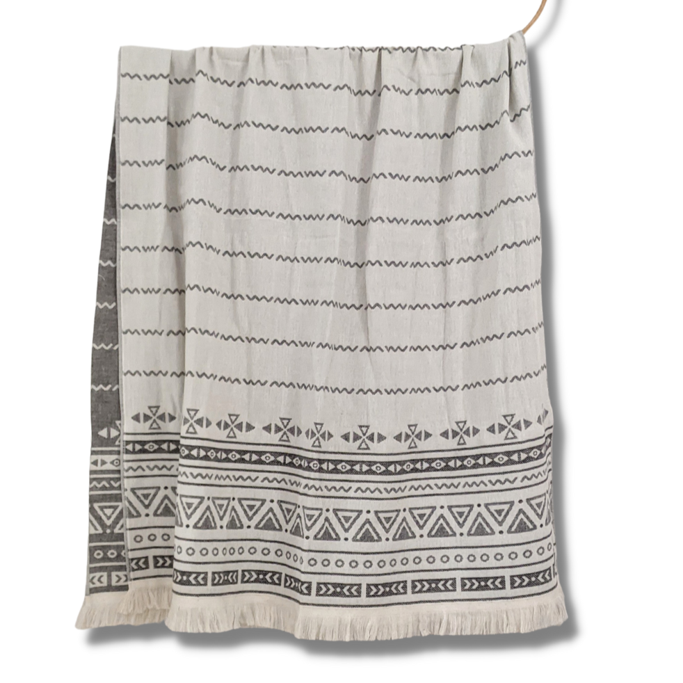 Turkish Towel geometric designs black on neutral cotton, reversible best for travel with fringes 