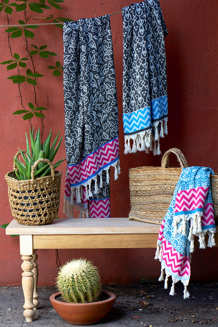 turkish towel black fish and blue zigzag pattern with tassels knots vibrant colours fun design designer fashinable