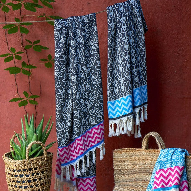 set of turkish towels flower and zigzag pattern with tassels knots vibrant colours fun design designer fashinable