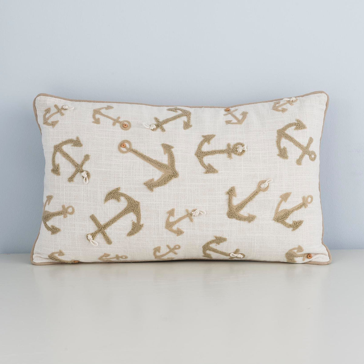 Anchor Embroidery, Elegant Cushion Case, Beige Handmade, Cotton