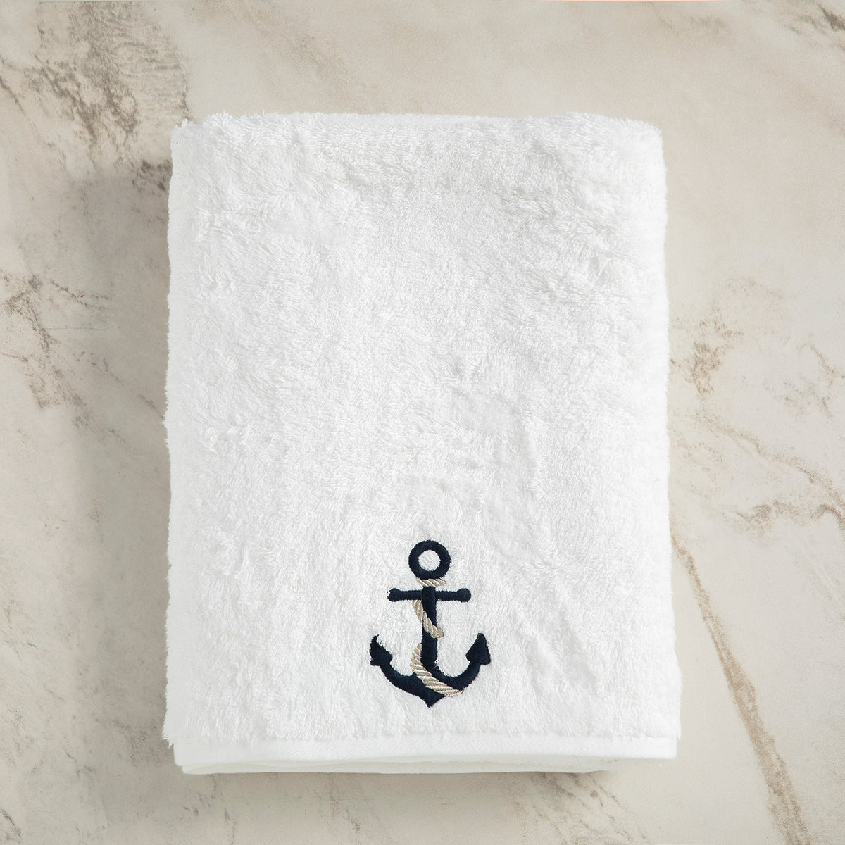 Turkish Terry Towel with Anchor Embroidery, White, for Boat or Bath, ultra soft, very absorbent