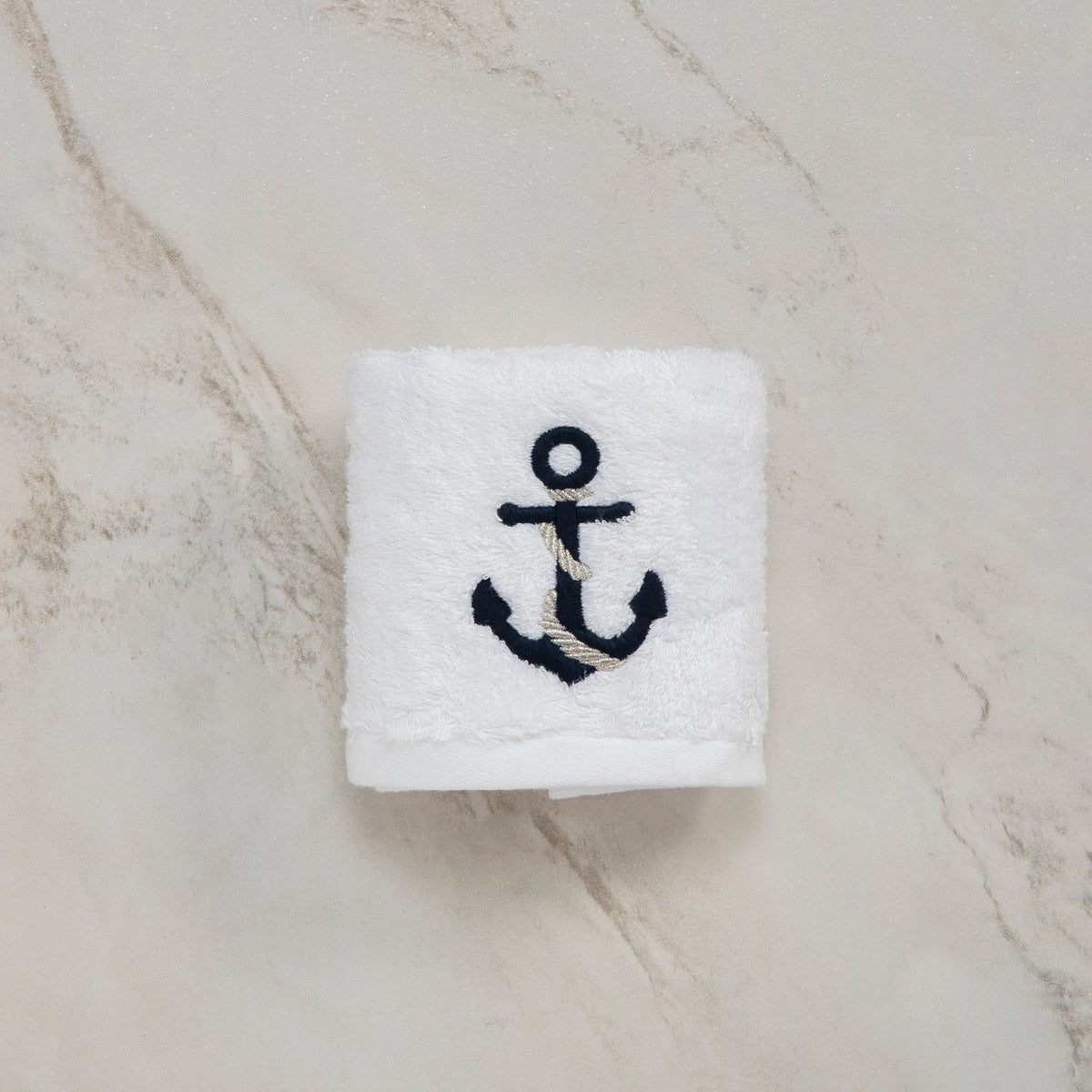 Turkish Terry Towel with Anchor Embroidery, White, for Boat or Bath, ultra soft, very absorbent