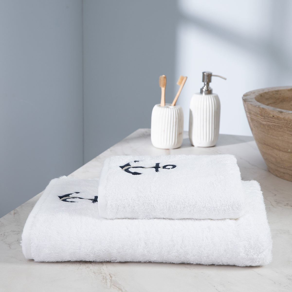 Turkish Terry Towel with Anchor Embroidery, White, for Boat or Bath, ultra soft, very absorbent