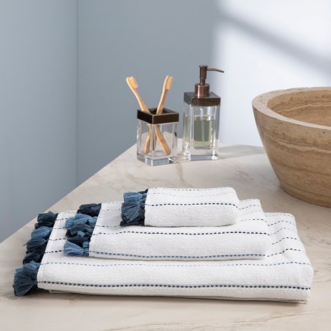 Lina, Terry Towel, Blue Stripes on White, Dark Blue Tassels, ultra soft, very absorbent, wash hand bath towels together  
