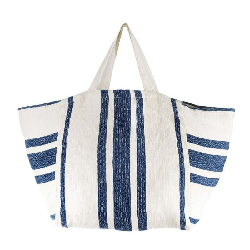 extra large cotton beach bag, navy stripes on off white, stripes good for hanging on shoulder or hand carry 
