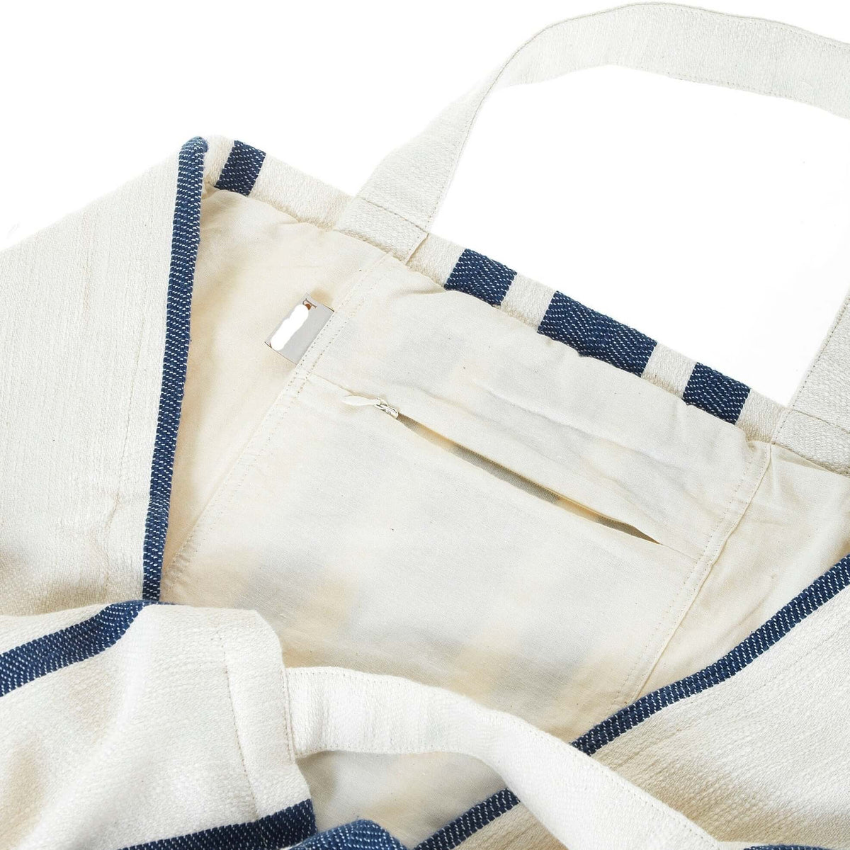 extra large cotton beach bag, navy stripes on off white with zipped inside pocket