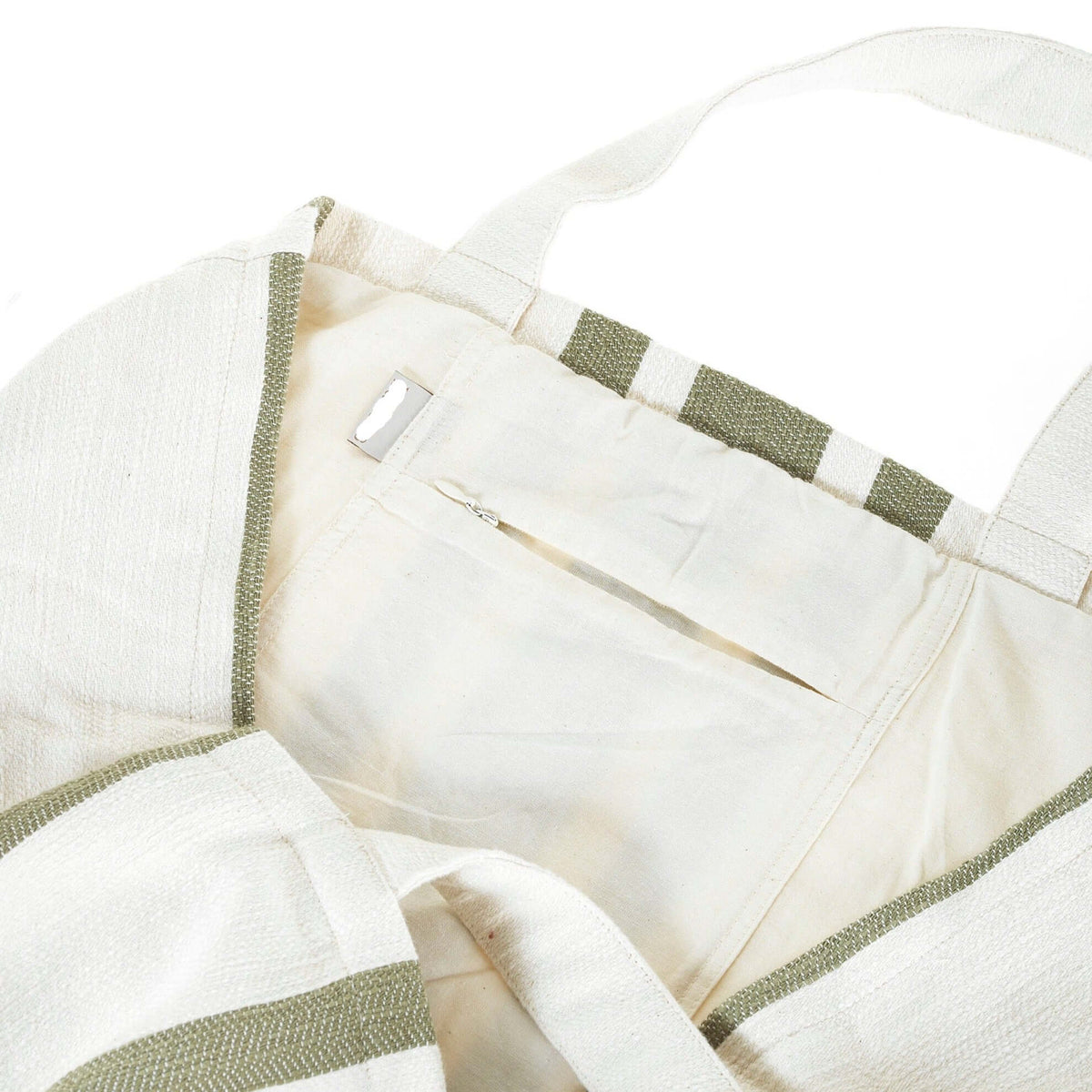 extra large cotton beach bag, green stripes on off white with zipped inside poach 