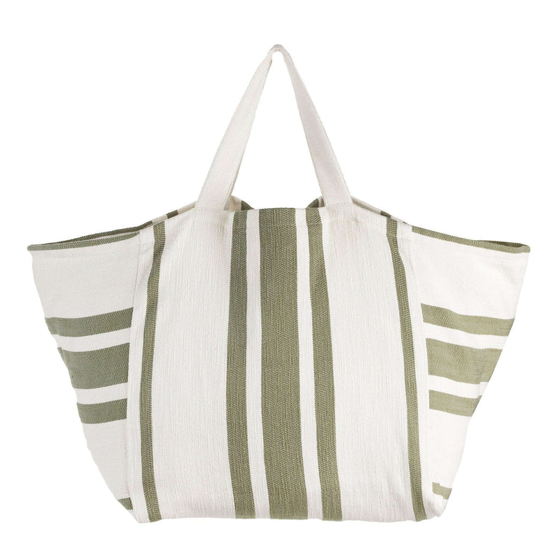 extra large cotton beach bag, green stripes on off white, stripes good for hanging on shoulder or hand carry 
