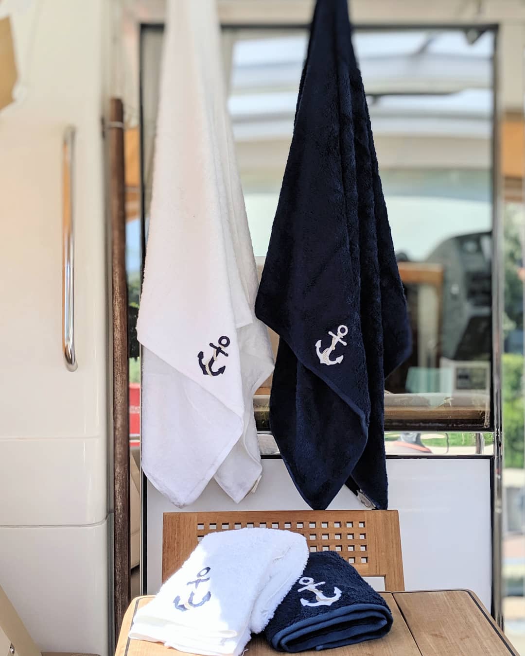 Turkish Terry Towel with Anchor Embroidery, Navy, White, for Boat or Bath, ultra soft, very absorbent