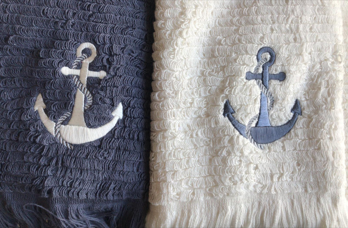 Hand Towels, Terry Off White and Purple with Anchor Embroidery and extra long loops for absorbency