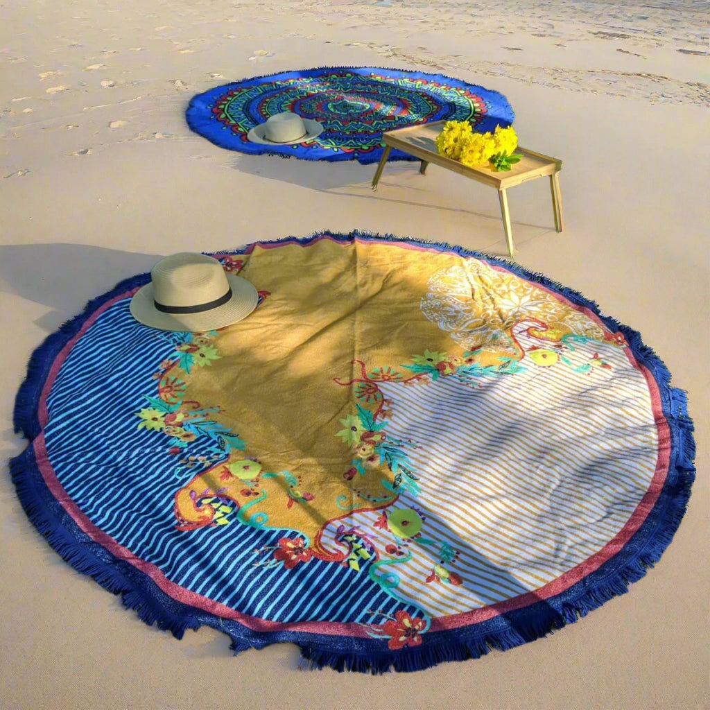 CLEARANCE - Round Towel, Stripe Flowers, Navy & Yellow with Fringes