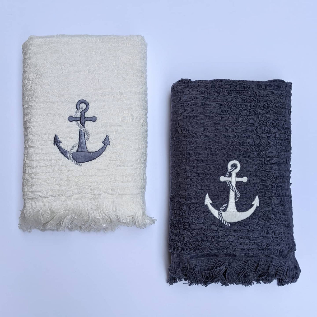 Hand Towels, Terry Off White and Purple with Anchor Embroidery and extra long loops for absorbency