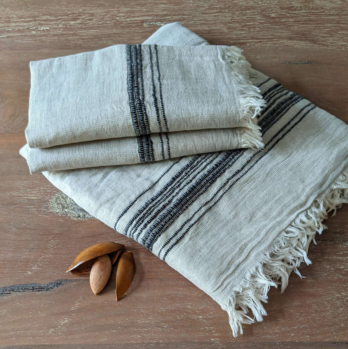 Hand and Bath Towel beige with black stripes linen with fringes elegant fresh decor 
