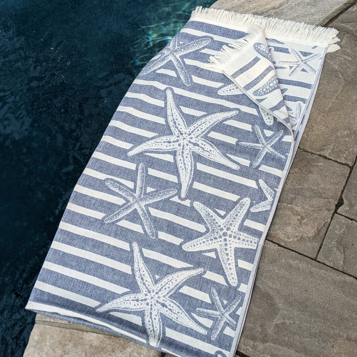 Turkish Beach Towel 240gsm Reversible, Starfish Navy