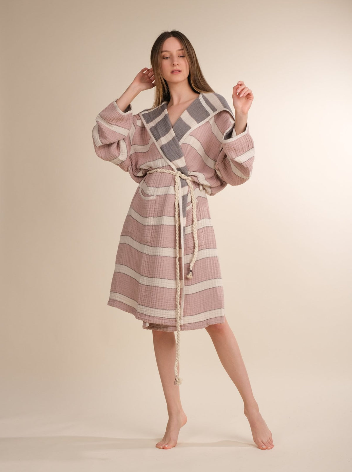 Crinkle Gauze Bathrobe 240gsm, Quattro Rose & Anthracite