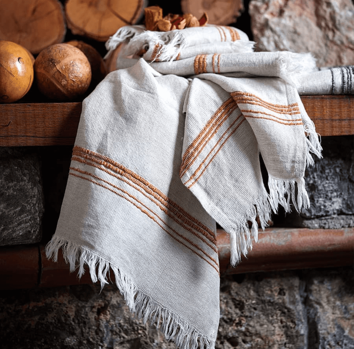 Hand and Bath Towel beige with copper stripes linen with fringes elegant fresh decor 