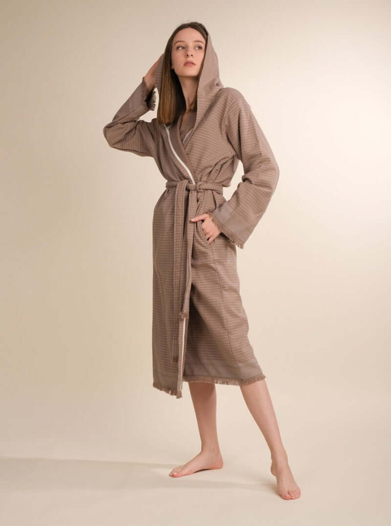 beige bathrobe with hood inside terry and front side clean flat woven Turkish cotton